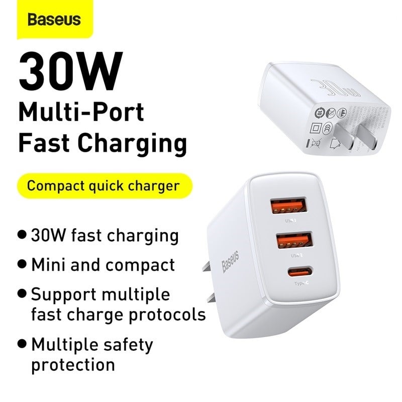Cốc sạc nhanh siêu nhỏ gọn Baseus Compact Quick Charger 30W (USB dual port +Type C, 30w PD/QC3.0 Multi Quick Charge Support) - Ảnh 5